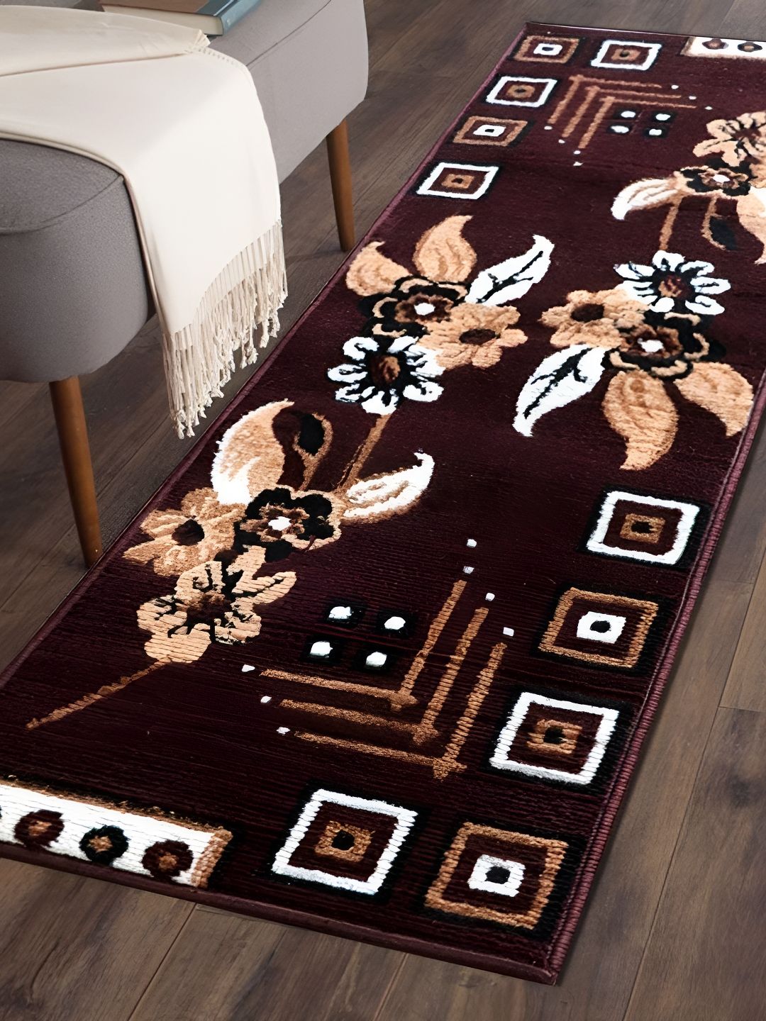 SANA CARPET Brown Floral Anti-Skid Carpet