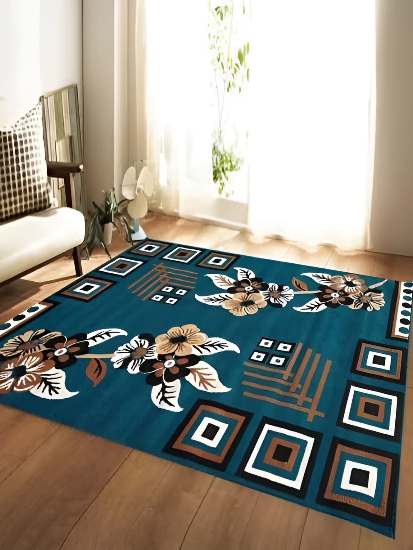 SANA CARPET Blue & White Floral Printed Anti-Skid Carpet-image-6