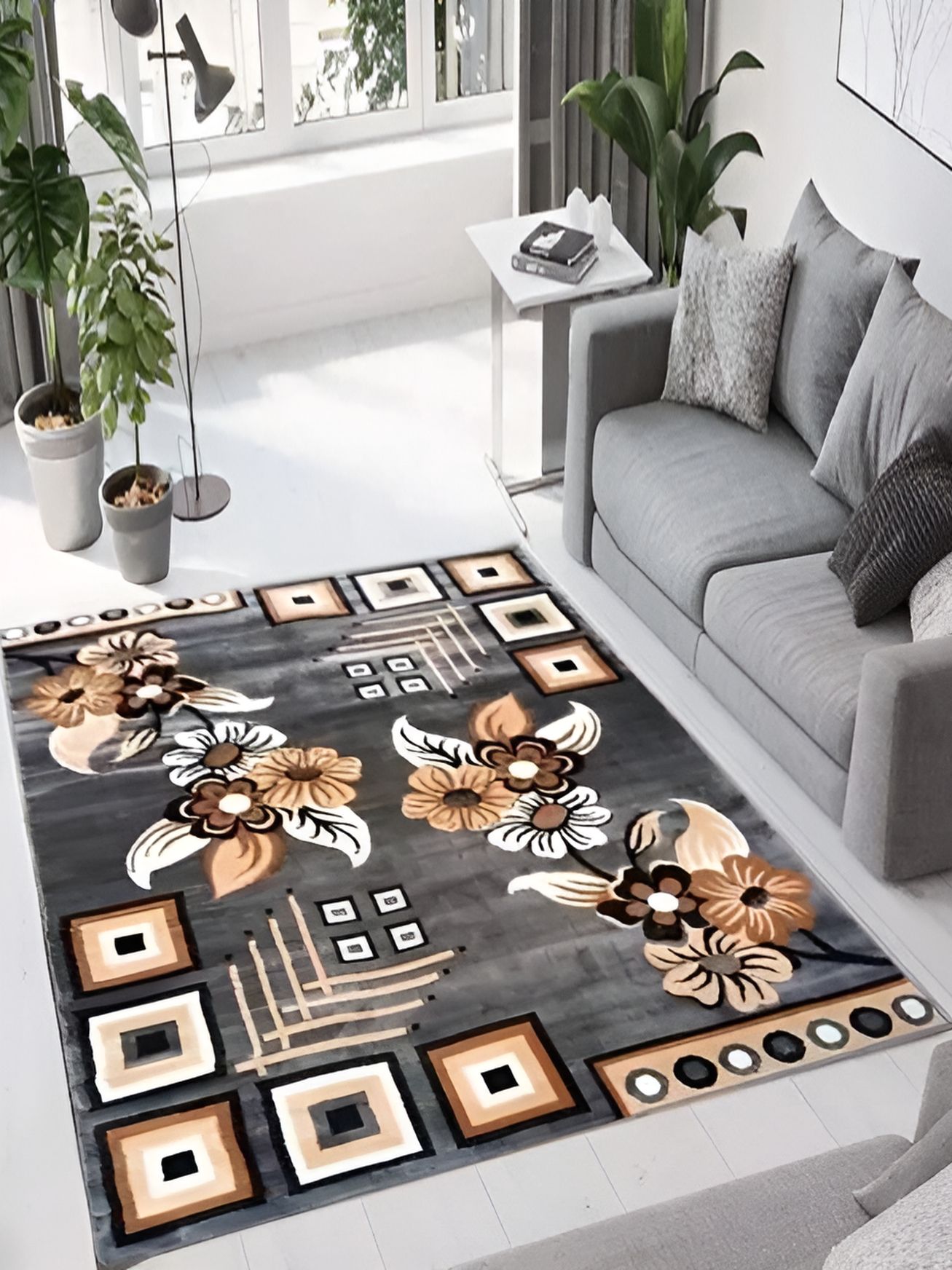 SANA CARPET Grey & Beige Floral Printed Anti-Skid Carpet-image-30