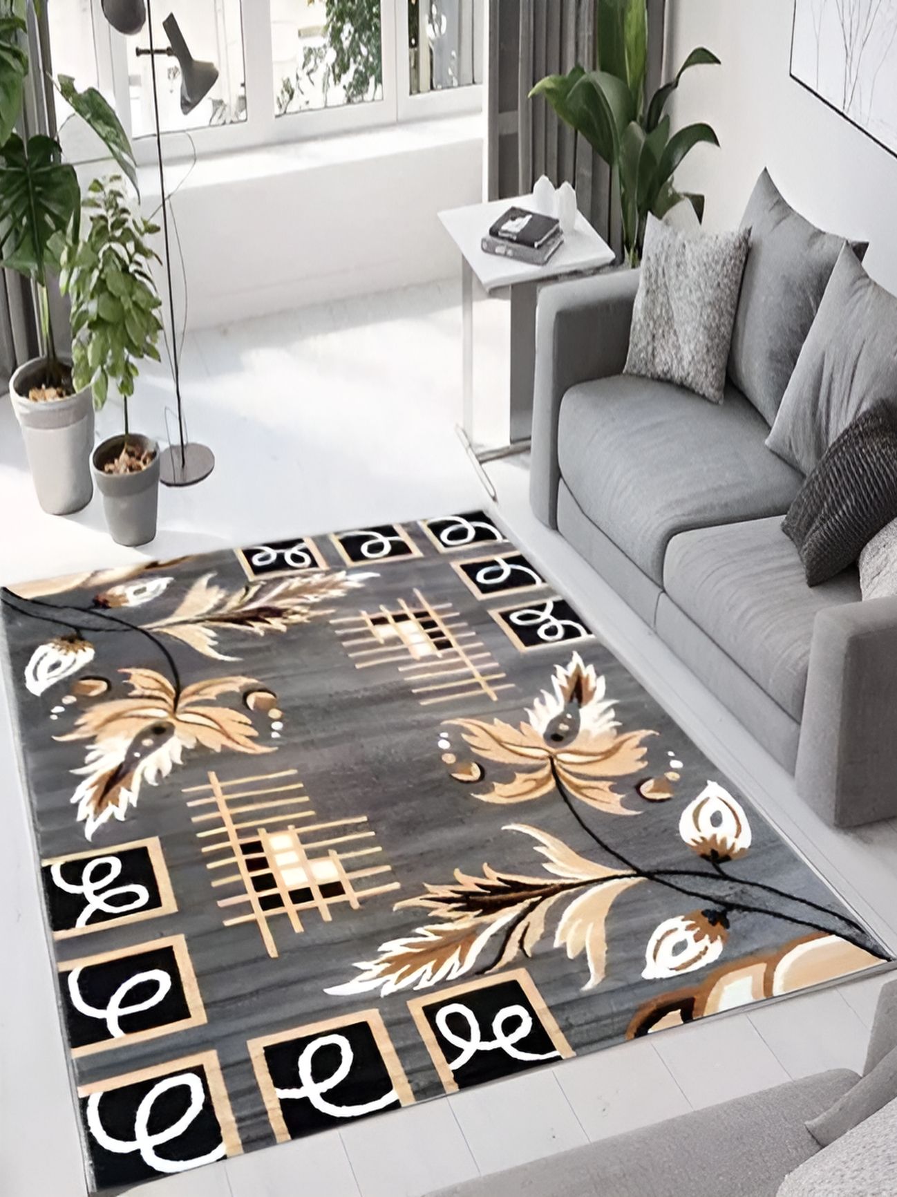 SANA CARPET Grey & Beige Floral Printed Anti-Skid Carpet-image-29