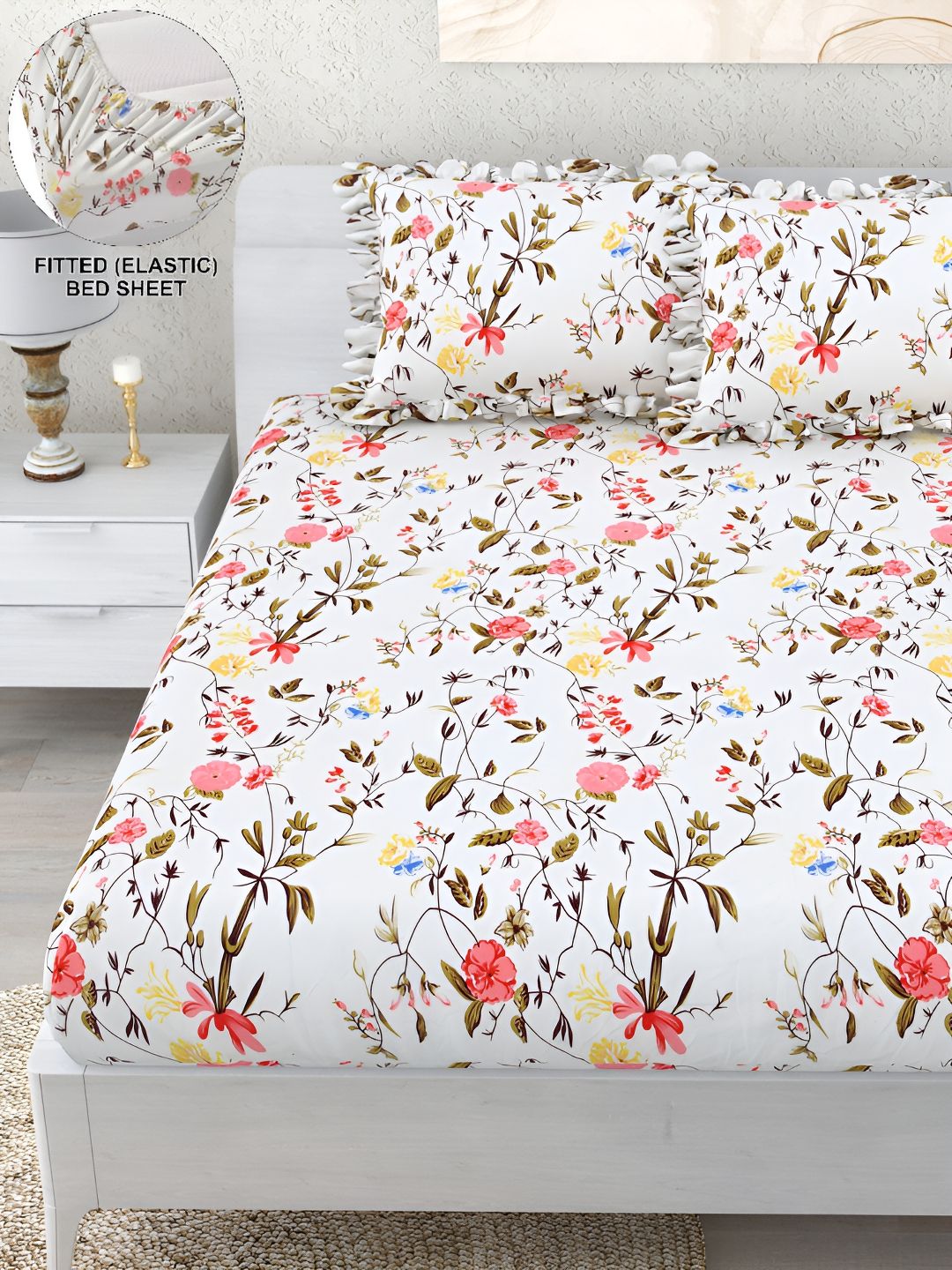 DREAM WEAVERZ White & Pink Floral 260 TC Fitted Bedsheet with 2 Frill Pillow Covers-image-21