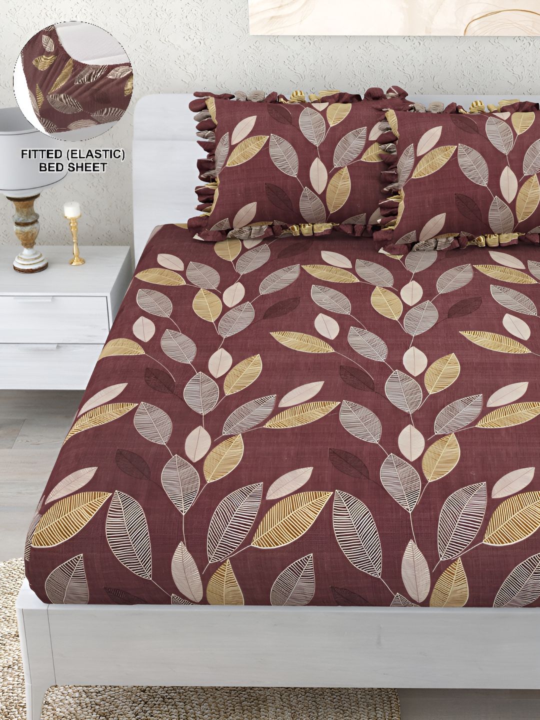 DREAM WEAVERZ Brown Yellow Floral 260 TC Fitted Bedsheet with 2 Frill Pillow Covers-image-24