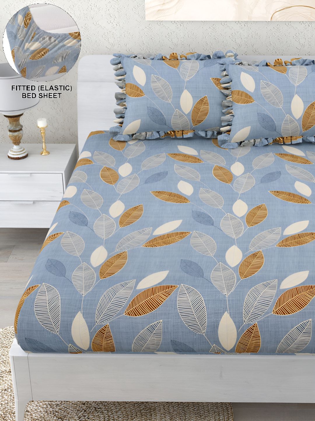 DREAM WEAVERZ Blue & White Floral Fitted 260 TC King Bedsheet with 2 Pillow Covers-picture-55