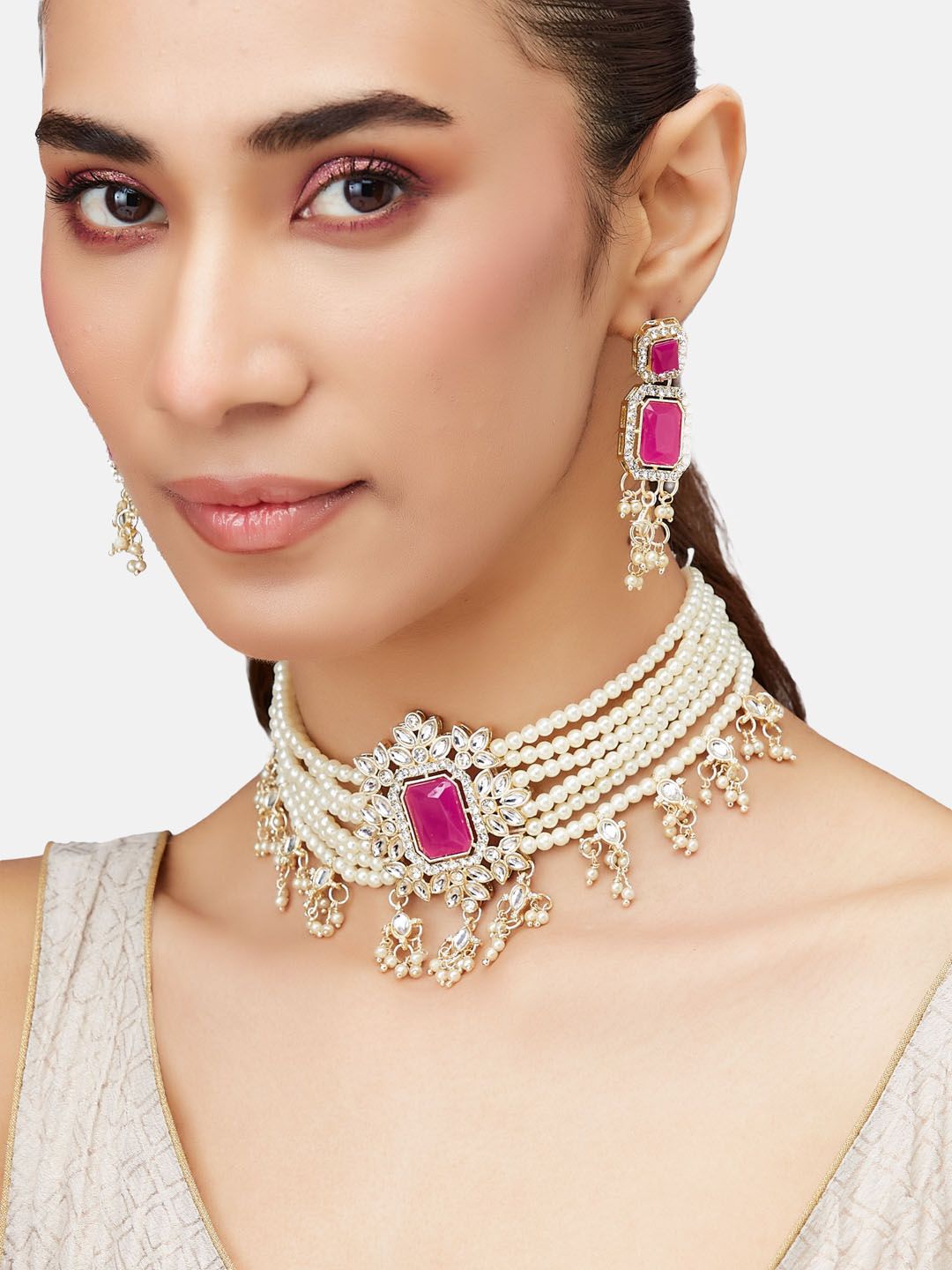 ATIBELLE Gold-Plated Artificial-Stones Studded & Beaded Necklace and Earrings