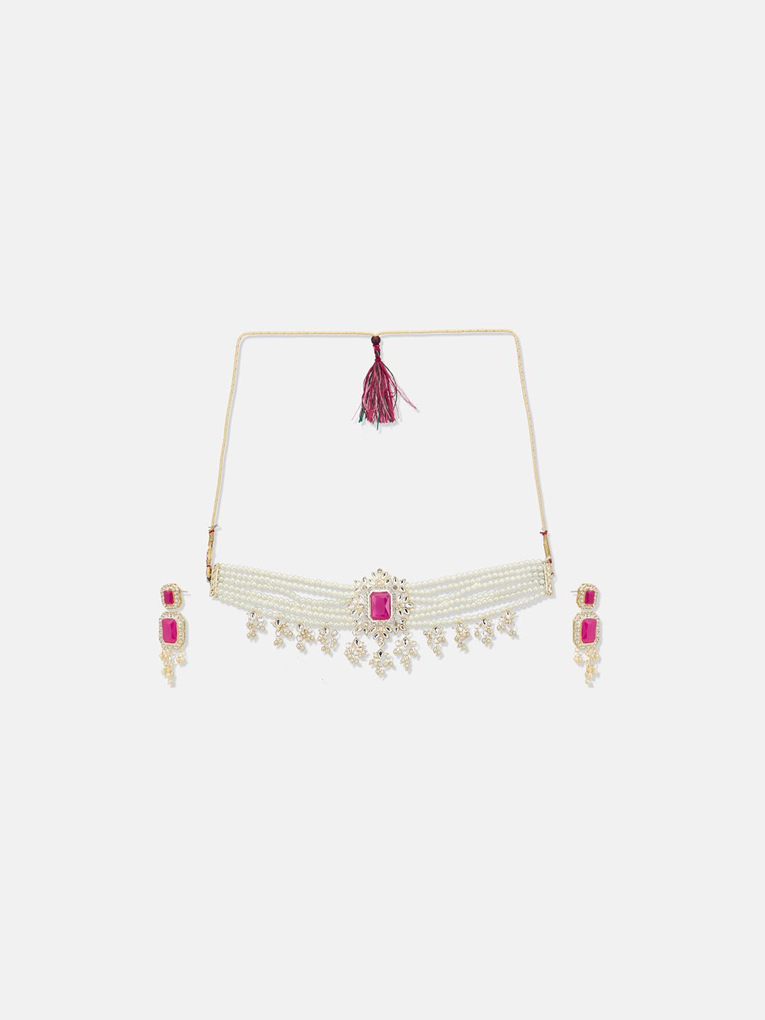 ATIBELLE Gold-Plated Artificial-Stones Studded & Beaded Necklace and Earrings