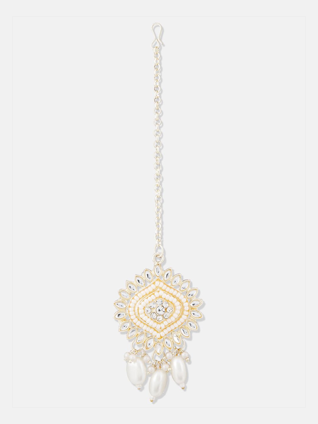 ATIBELLE Gold-Plated Kundan-Stones Studded & Beaded Necklace & Earrings With Maang Tika