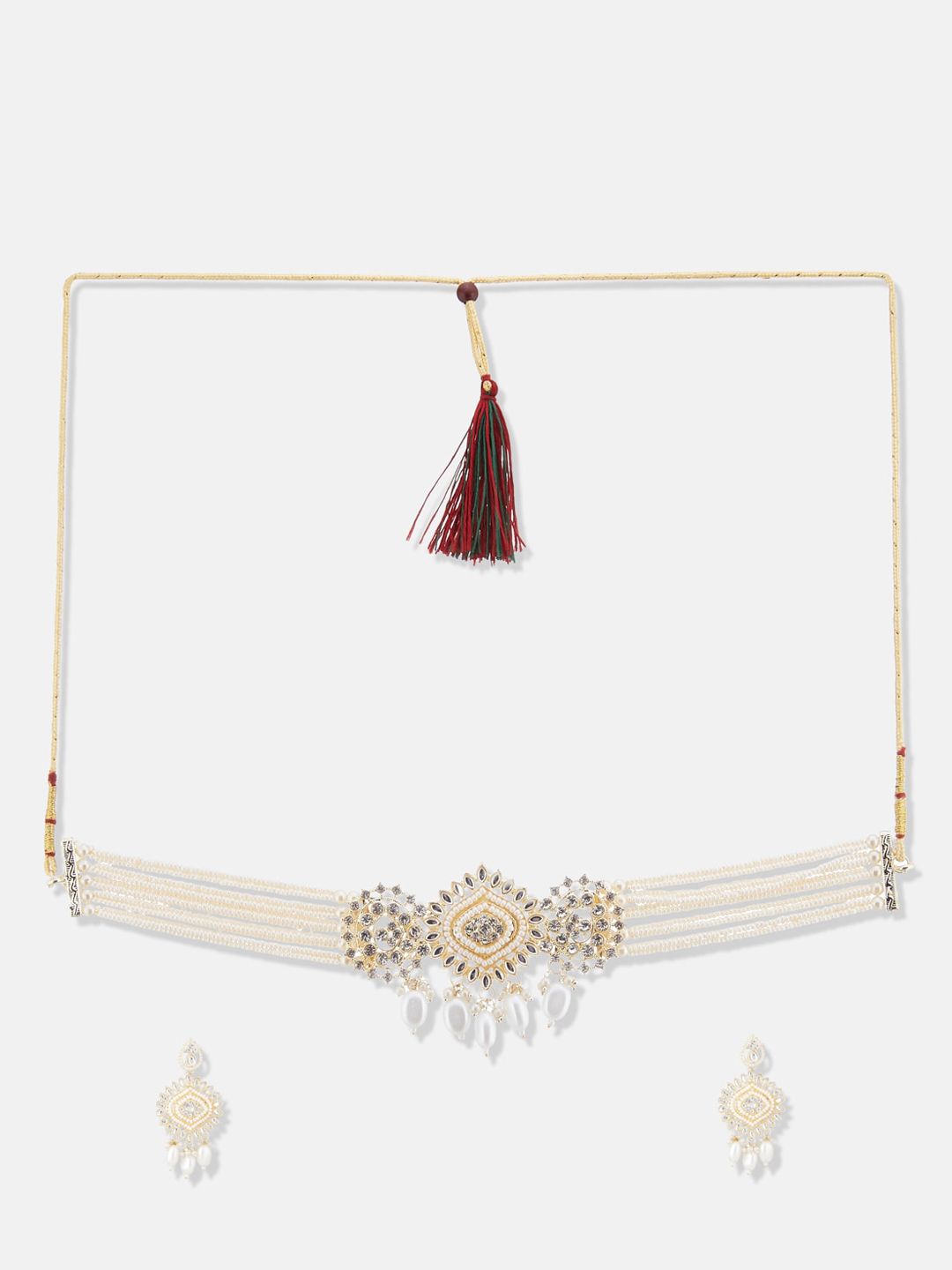 ATIBELLE Gold-Plated Kundan-Stones Studded & Beaded Necklace & Earrings With Maang Tika