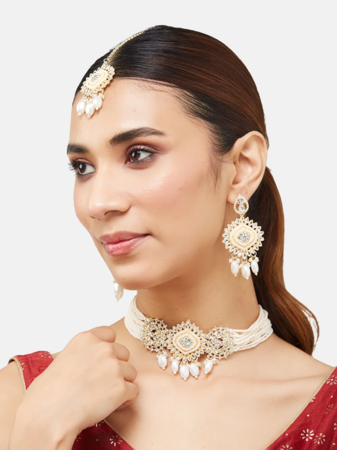 ATIBELLE Gold-Plated Kundan-Stones Studded & Beaded Necklace & Earrings With Maang Tika