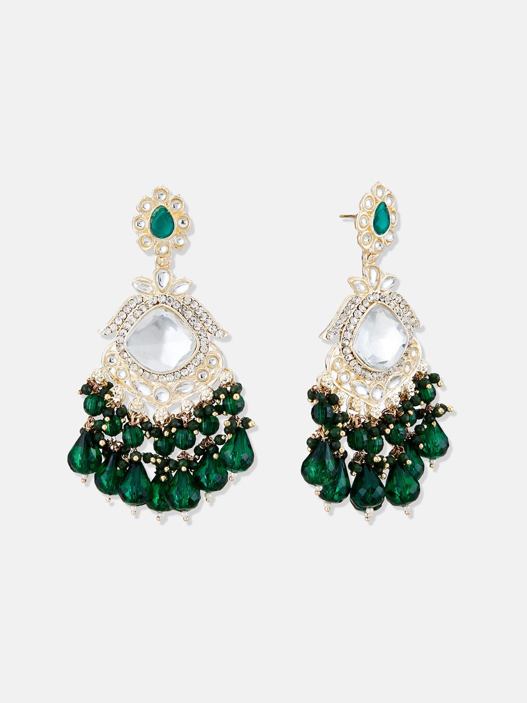 ATIBELLE Gold-Plated Kundan-Studded & Beaded Contemporary Drop Earrings