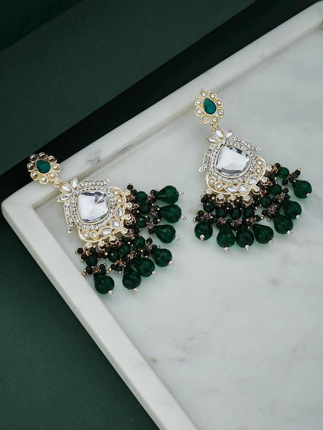 ATIBELLE Gold-Plated Kundan-Studded & Beaded Contemporary Drop Earrings