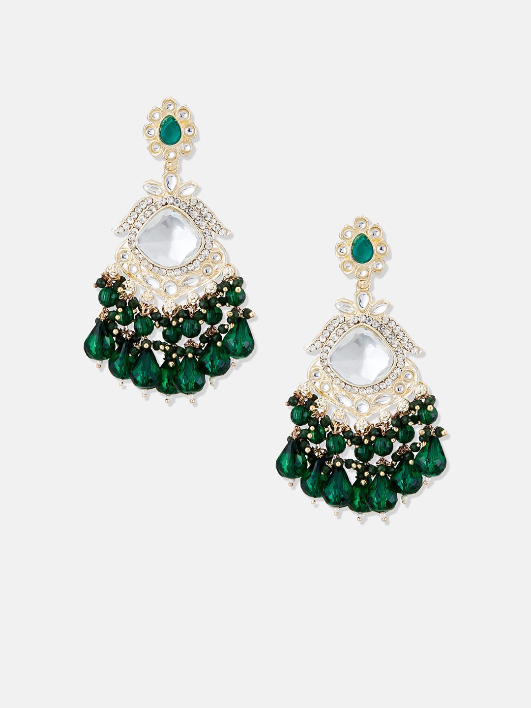 ATIBELLE Gold-Plated Kundan-Studded & Beaded Contemporary Drop Earrings