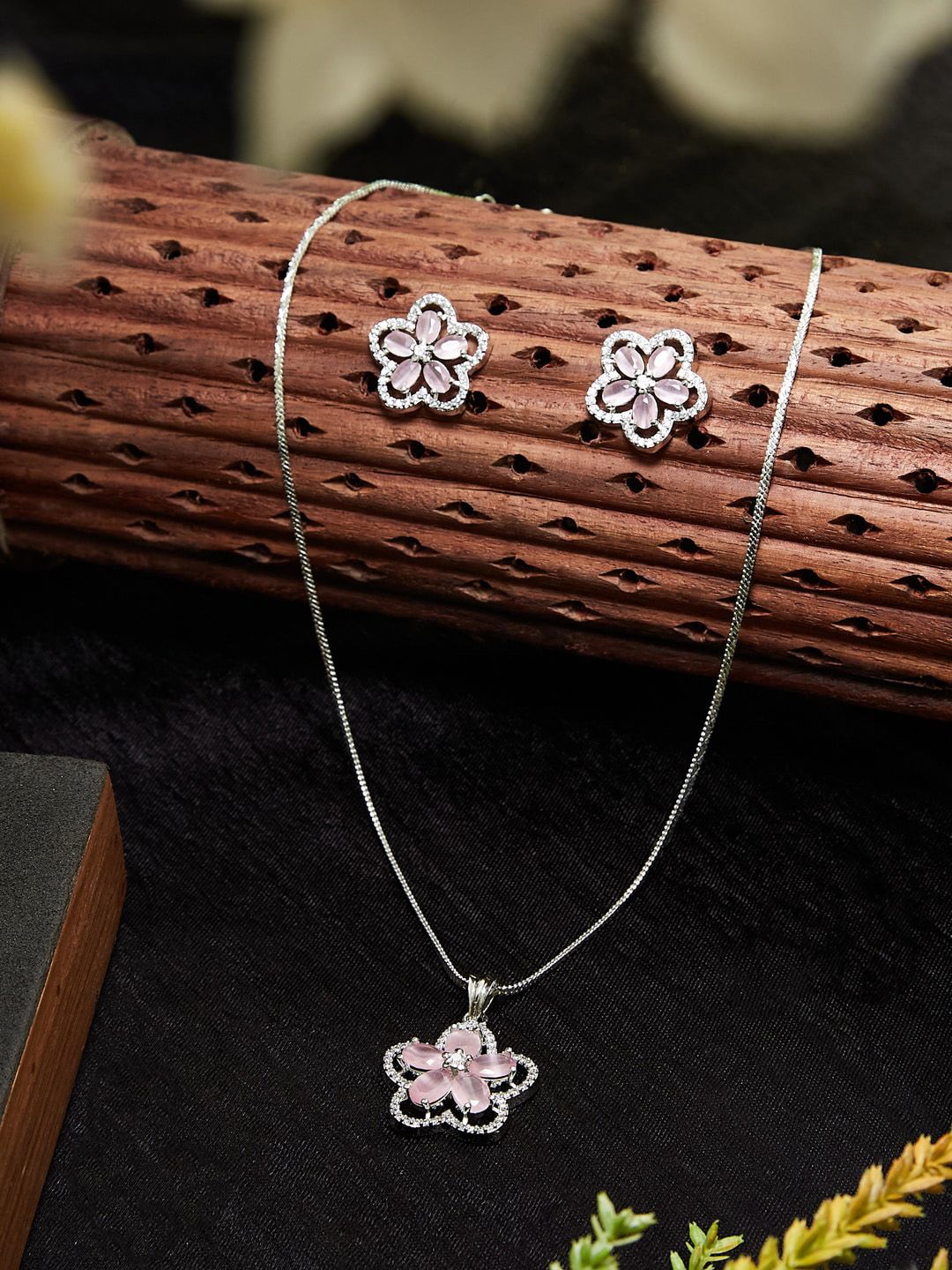 ATIBELLE Silver-Plated Cubic Zirconia-Studded Pendant with Chain