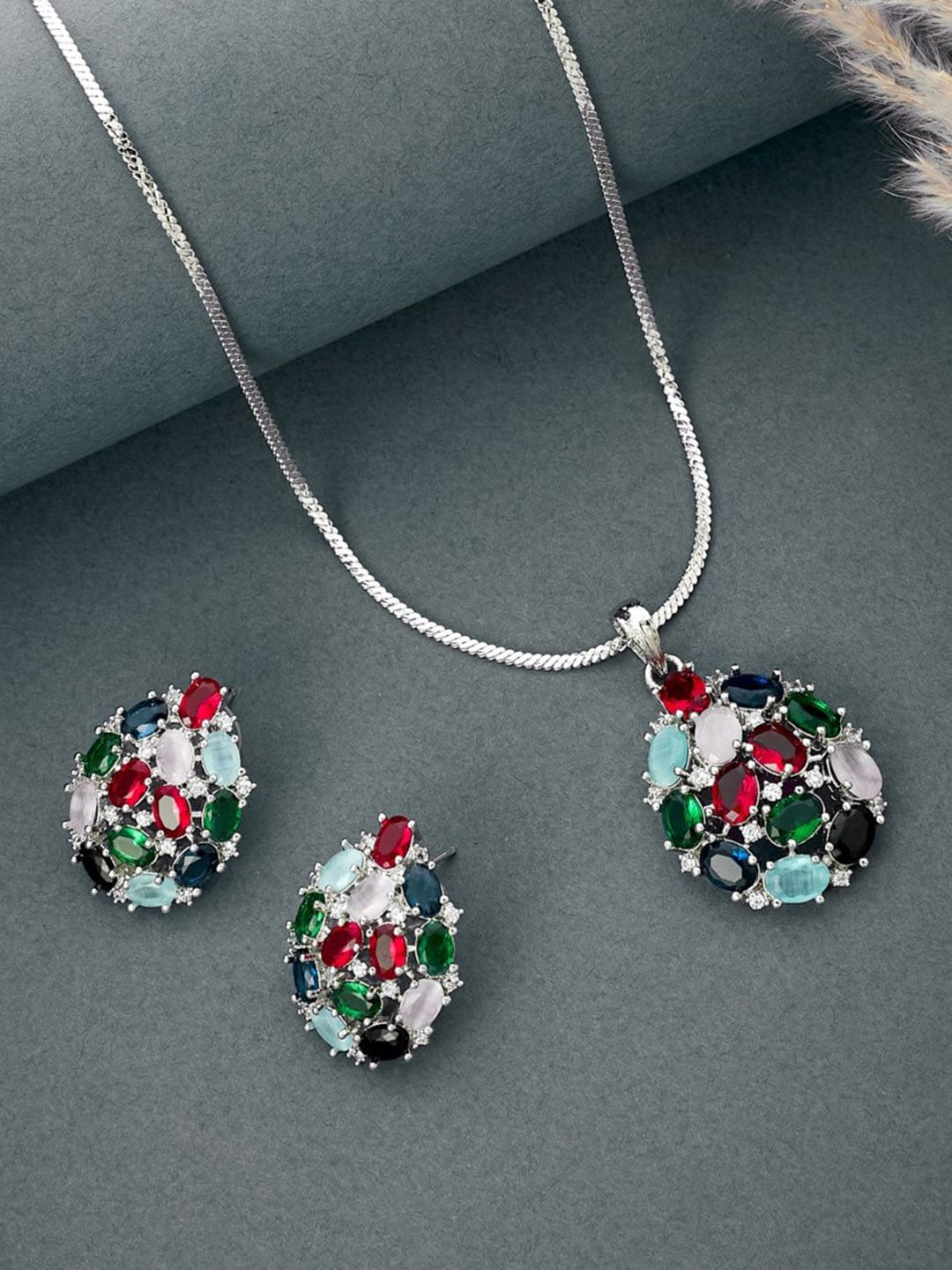 ATIBELLE Silver-Plated CZ Studded Pendants with Chain