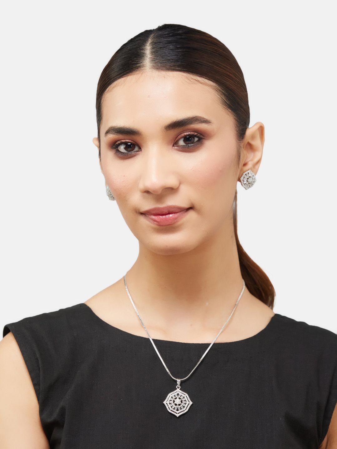 ATIBELLE Silver-Plated CZ Studded Pendants With Chain