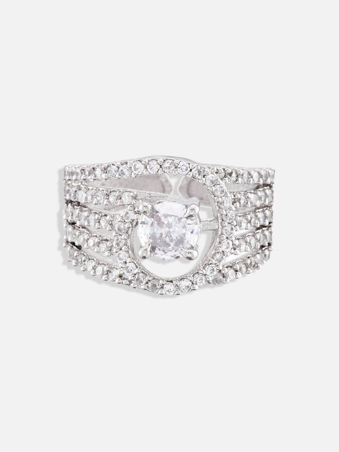 ATIBELLE Set Of 3 Silver-Plated Cubic Zirconia-Studded Rings