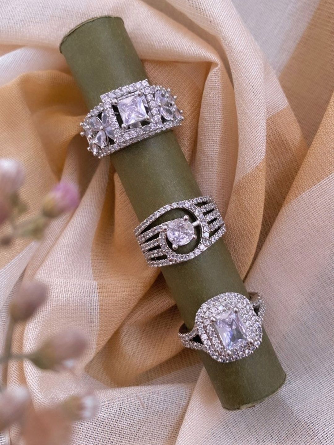 ATIBELLE Set Of 3 Silver-Plated Cubic Zirconia-Studded Rings