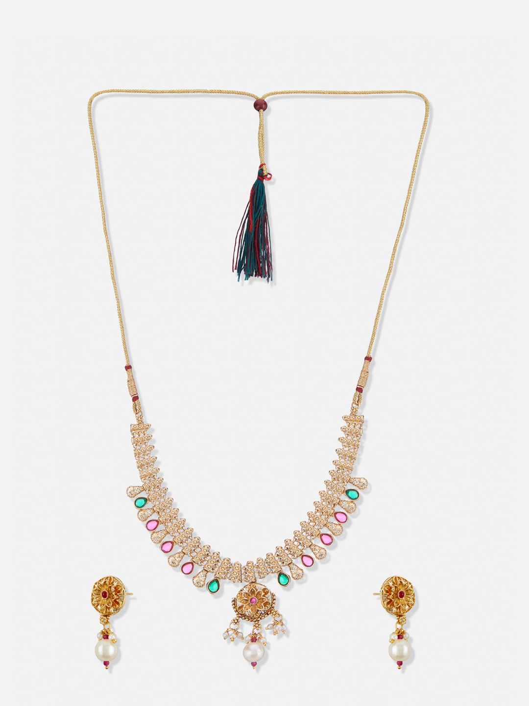 ATIBELLE Gold-Plated Kundan-Stones Studded & Pearl Beaded Jewellery Set