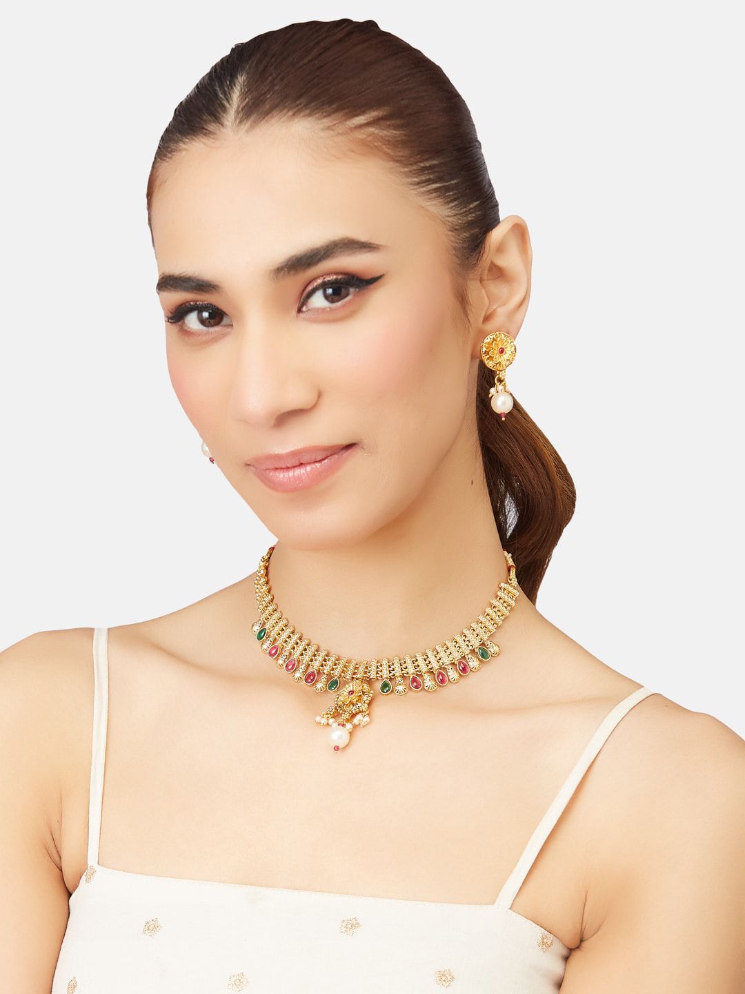 ATIBELLE Gold-Plated Kundan-Stones Studded & Pearl Beaded Jewellery Set