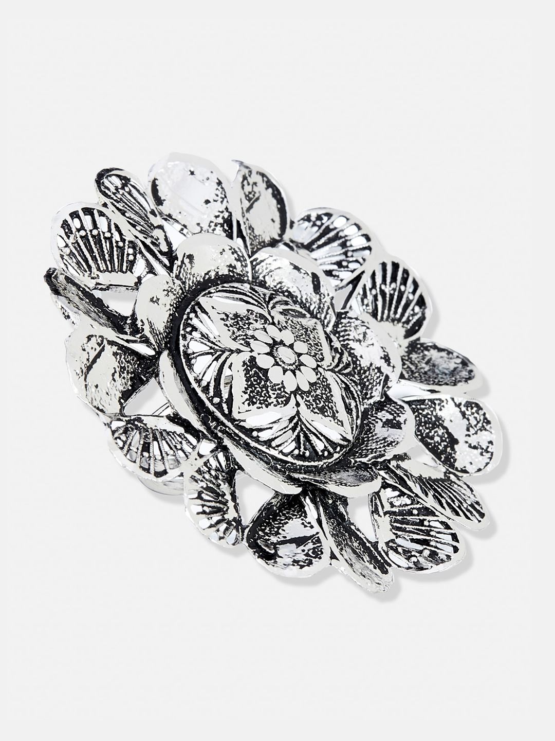 ATIBELLE German Silver Silver-Plated Floral Textured Adjustable Finger Ring
