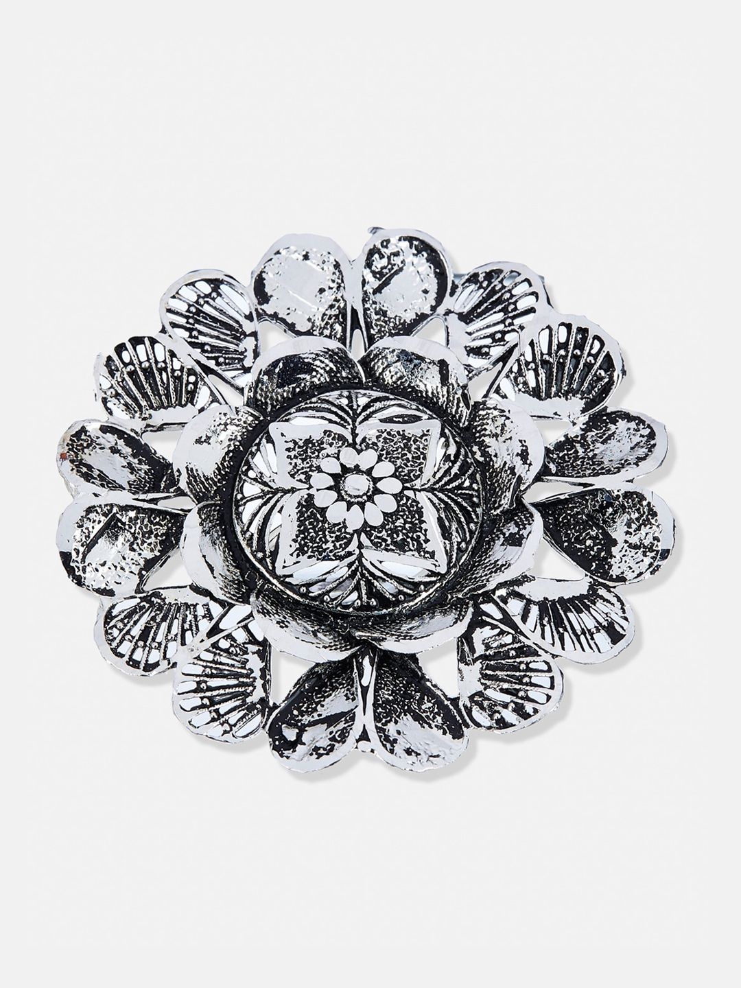 ATIBELLE German Silver Silver-Plated Floral Textured Adjustable Finger Ring