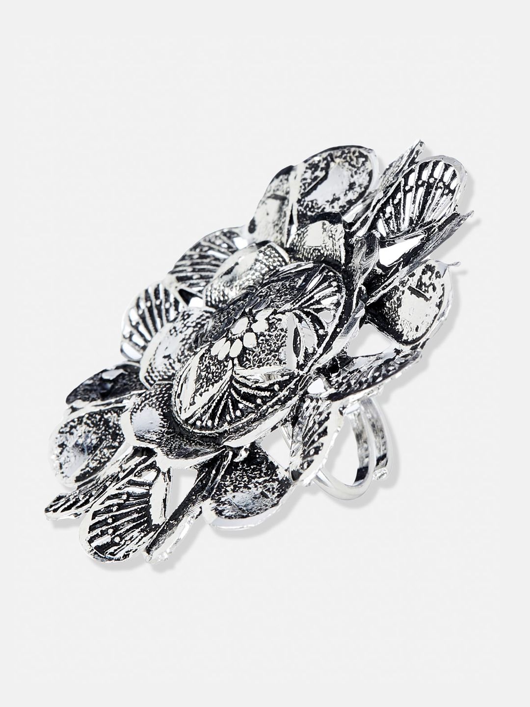 ATIBELLE German Silver Silver-Plated Floral Textured Adjustable Finger Ring