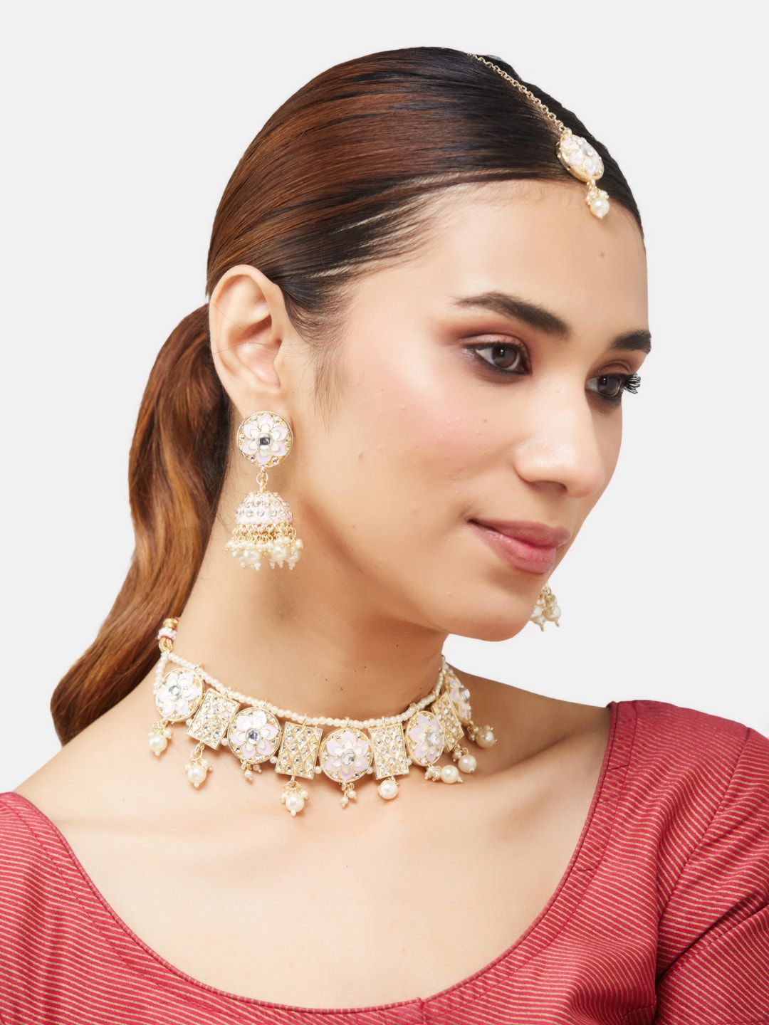 ATIBELLE Gold-Plated Stones Studded & Beaded Meenakari Necklace and Earrings & Maang Tika