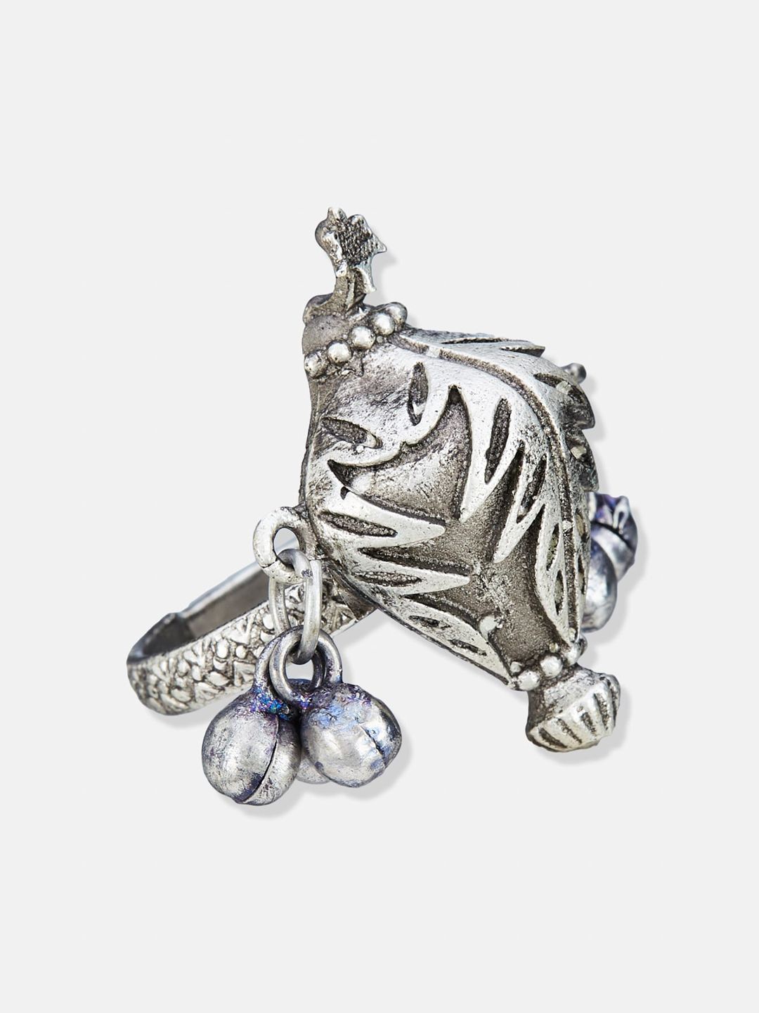 ATIBELLE German Silver Silver-Plated Floral Textured Adjustable Finger Ring
