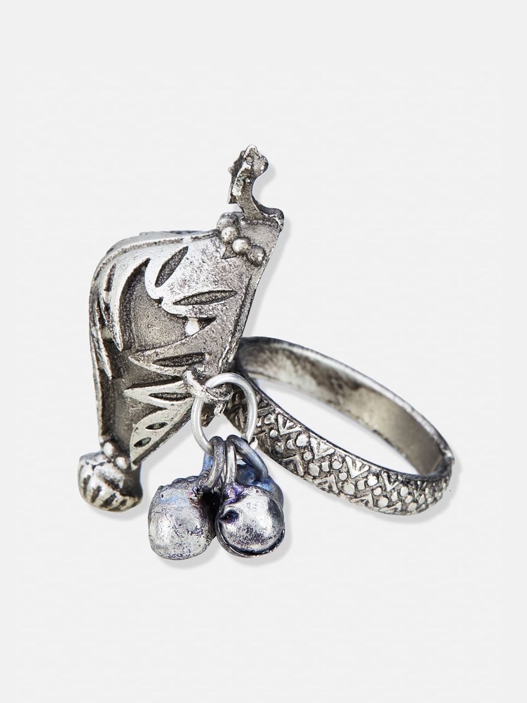 ATIBELLE German Silver Silver-Plated Floral Textured Adjustable Finger Ring