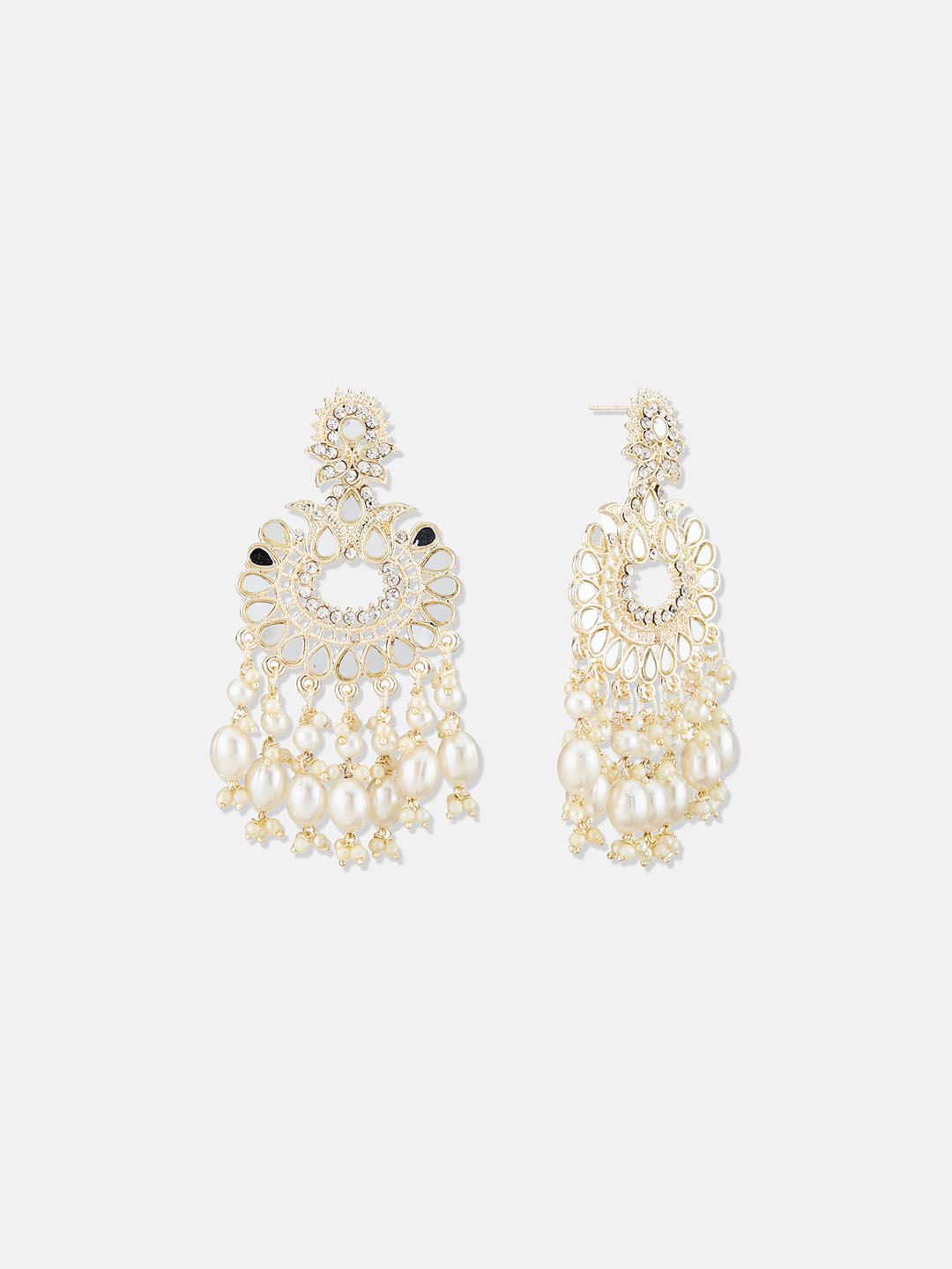 ATIBELLE Gold-Plated Kundan-Studded & Beaded Contemporary Chandbalis