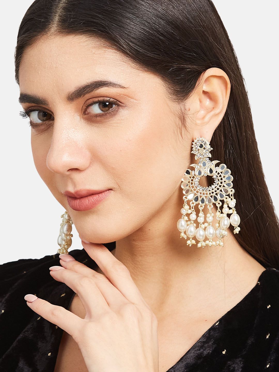 ATIBELLE Gold-Plated Kundan-Studded & Beaded Contemporary Chandbalis