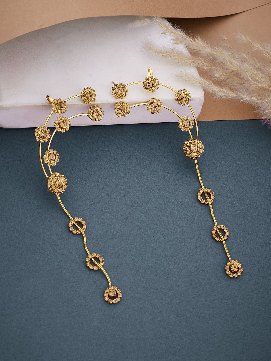 ATIBELLE Copper-Plated Stone-Studded Contemporary Drop Earrings