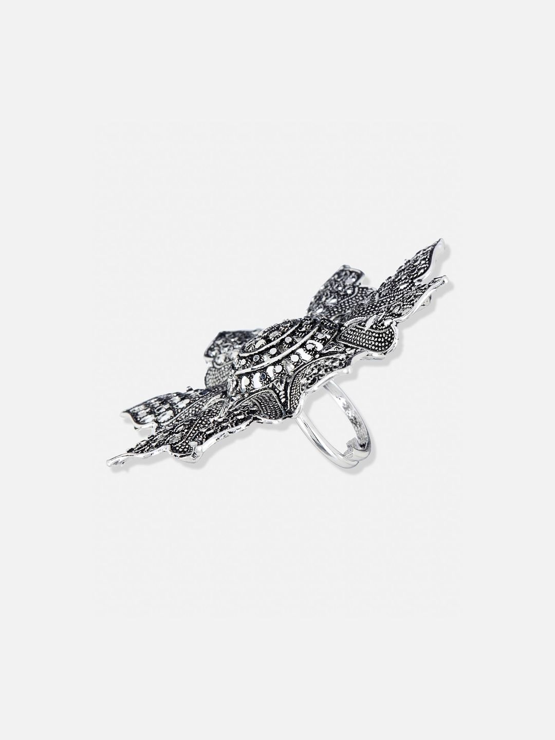 ATIBELLE Silver-Plated Floral Textured Adjustable Finger Ring
