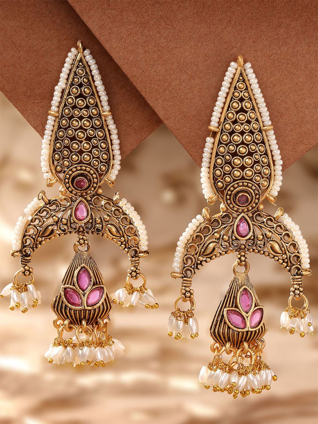 KARATCART Gold-Plated Kundan Studded Contemporary Drop Earrings-picture-15