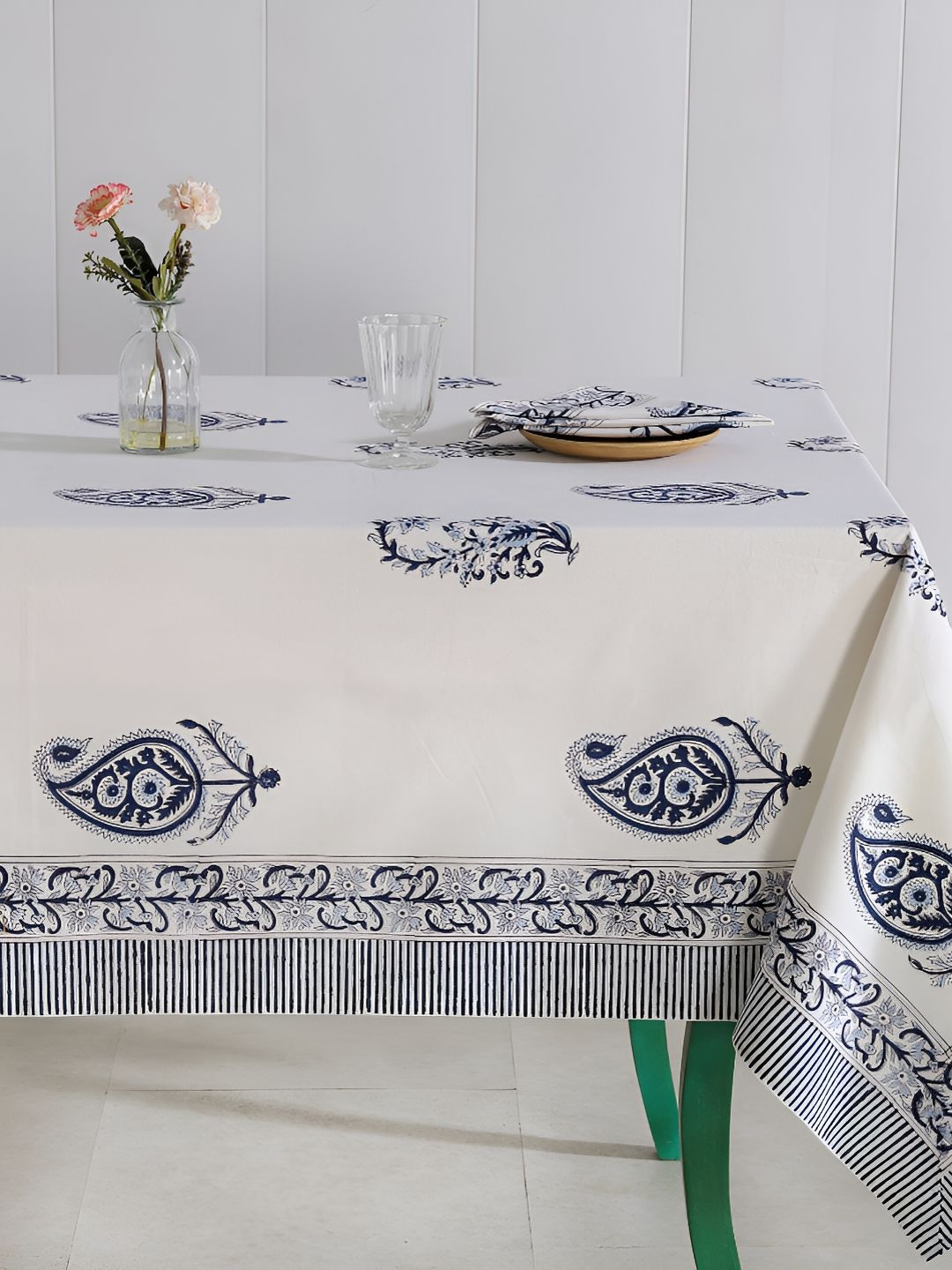 HANDICRAFT PALACE Blue & White 5 Pieces Cotton Rectangle Table Cover-picture-8