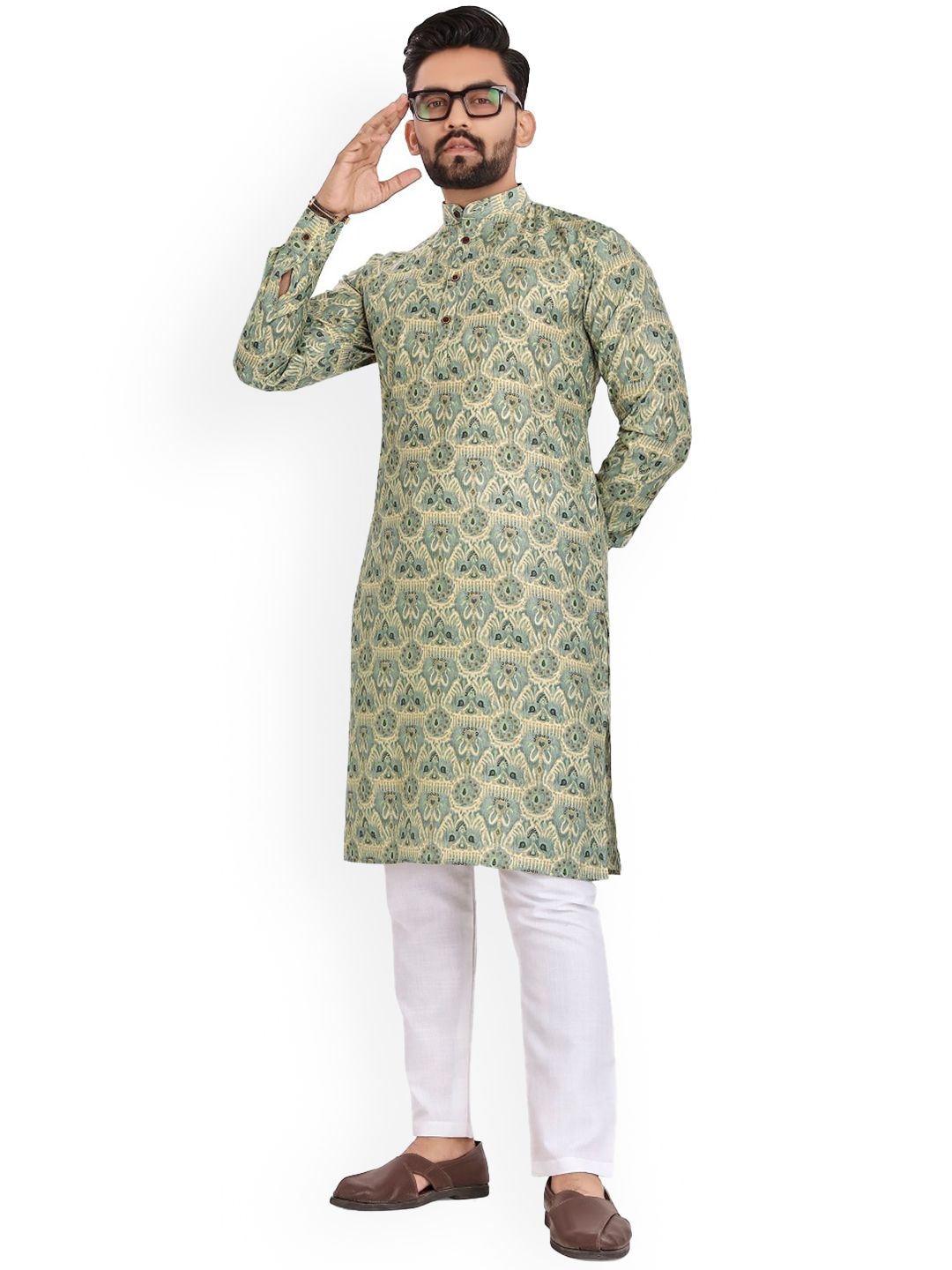BAESD Ethnic Motifs Printed Band Collar Long Sleeves Straight Kurta-picture-21