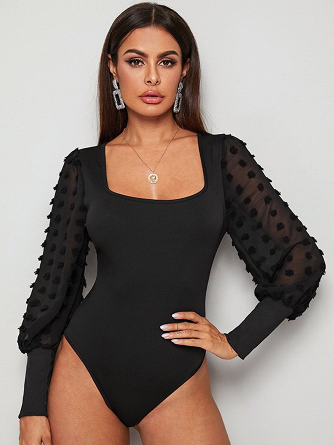 all about you Black Square Neck Long Sleeves Bodysuit-image-33