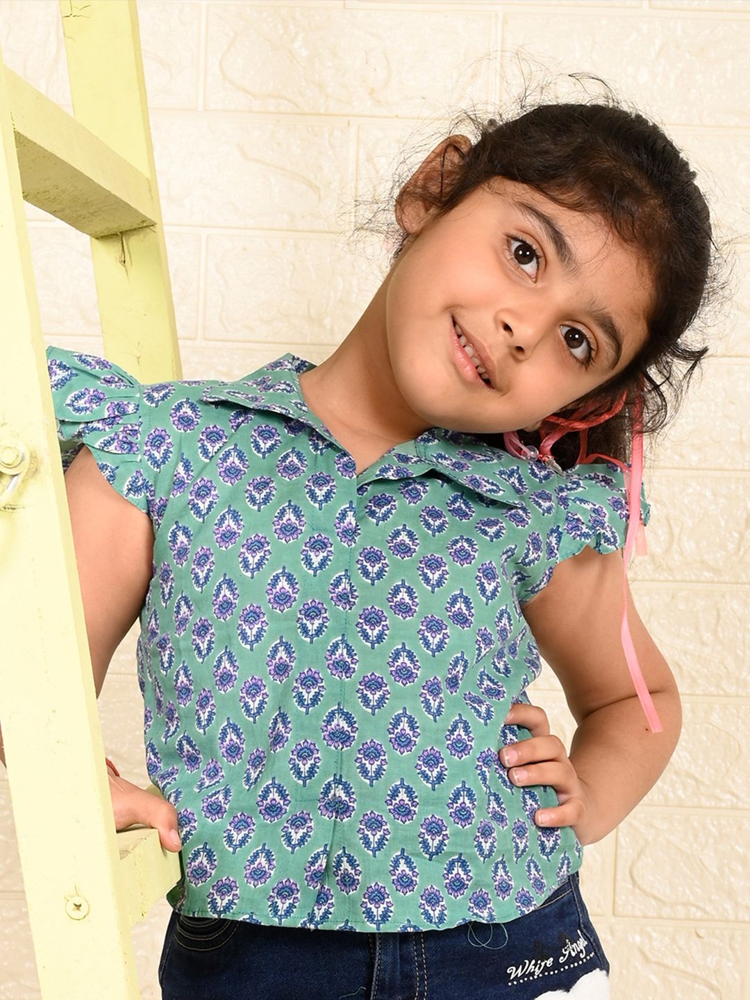 Sangria Girls Floral Printed Flutter Sleeves Pure Cotton Shirt Style Top-picture-15