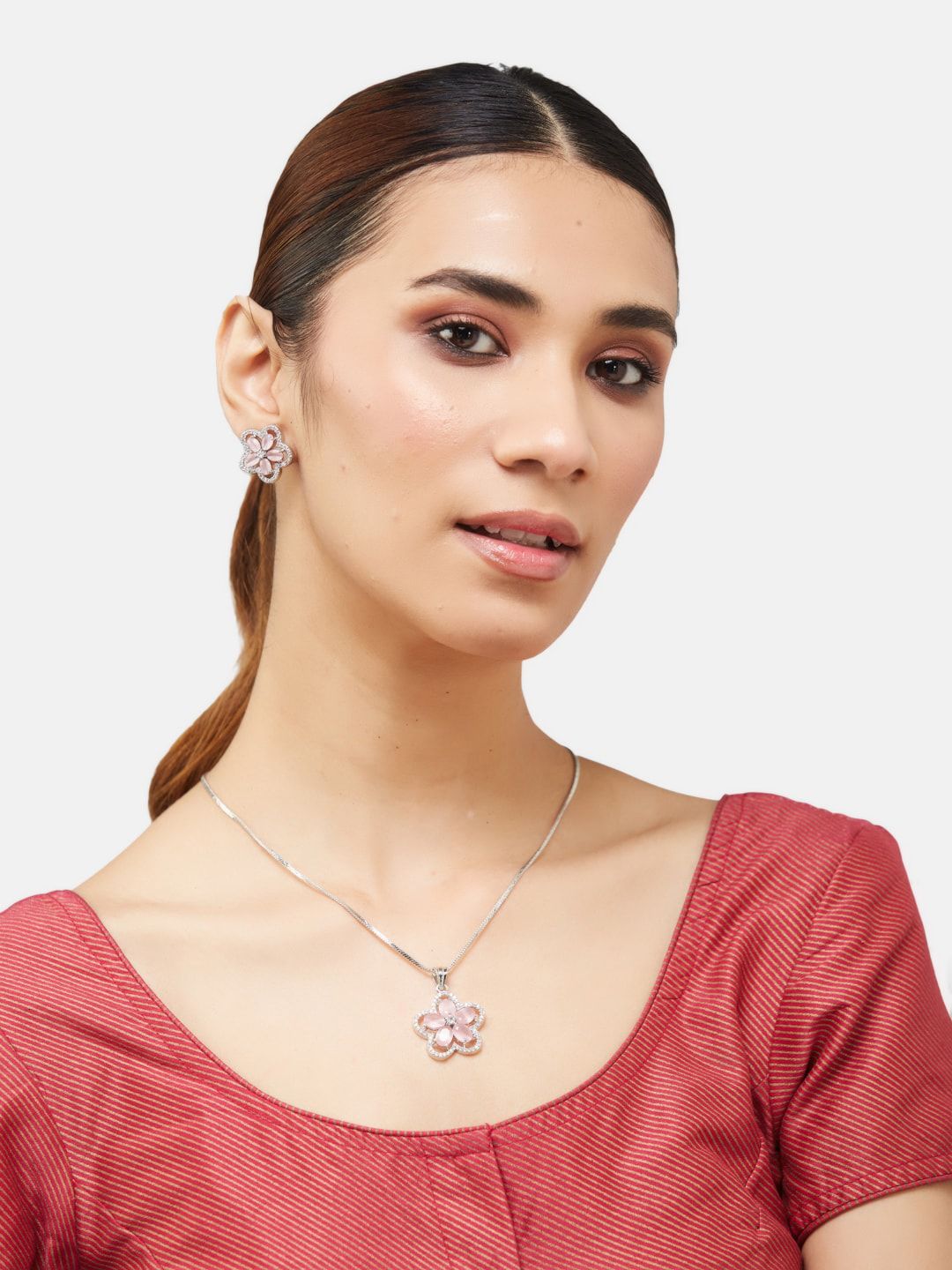 ATIBELLE Silver Plated Cubic Zirconia Stone Studded Jewellery Set