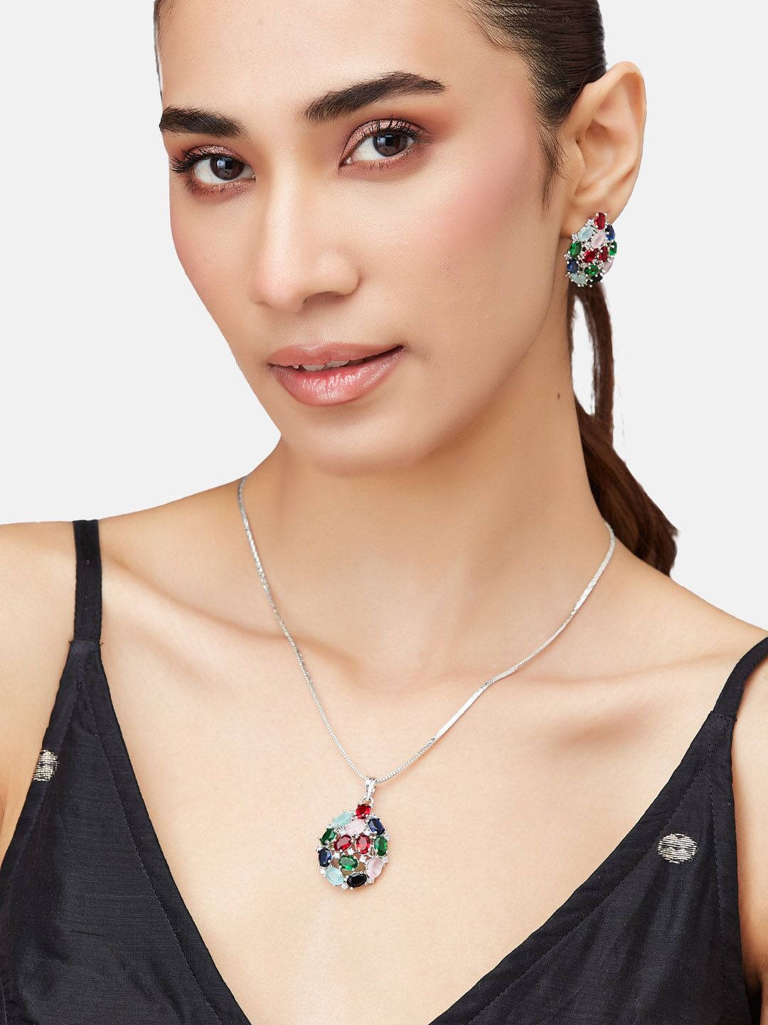 ATIBELLE Silver Plated Cubic Zirconia Studded Jewellery Set
