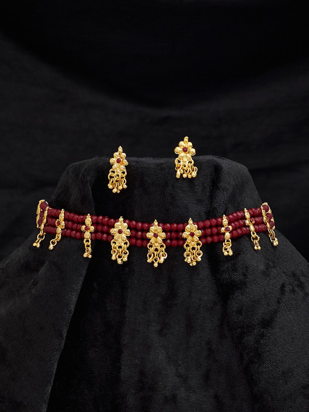 ATIBELLE Gold-plated Stone-Studded & Beaded Necklace & Earrings