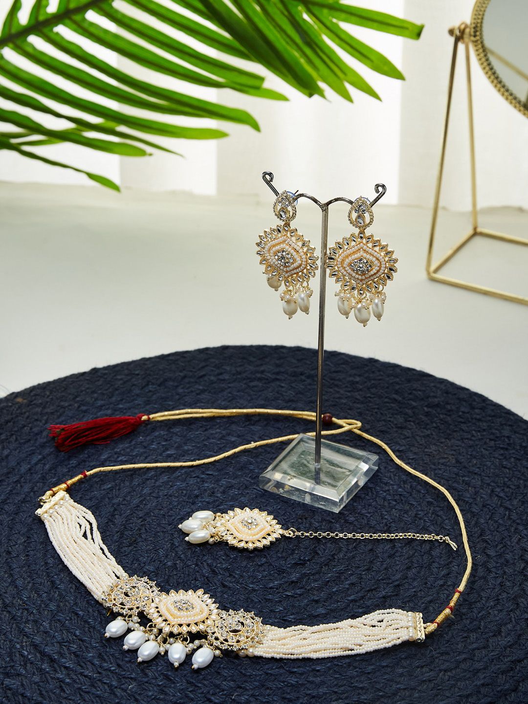 ATIBELLE Gold Plated Kundan Studded & Beaded Necklace & Earrings
