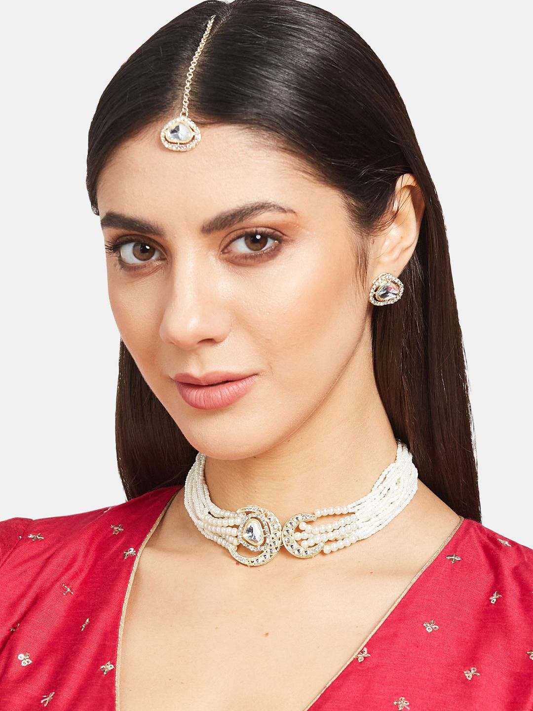 ATIBELLE Gold-Plated Kundan-Studded & Beaded Necklace & Earrings