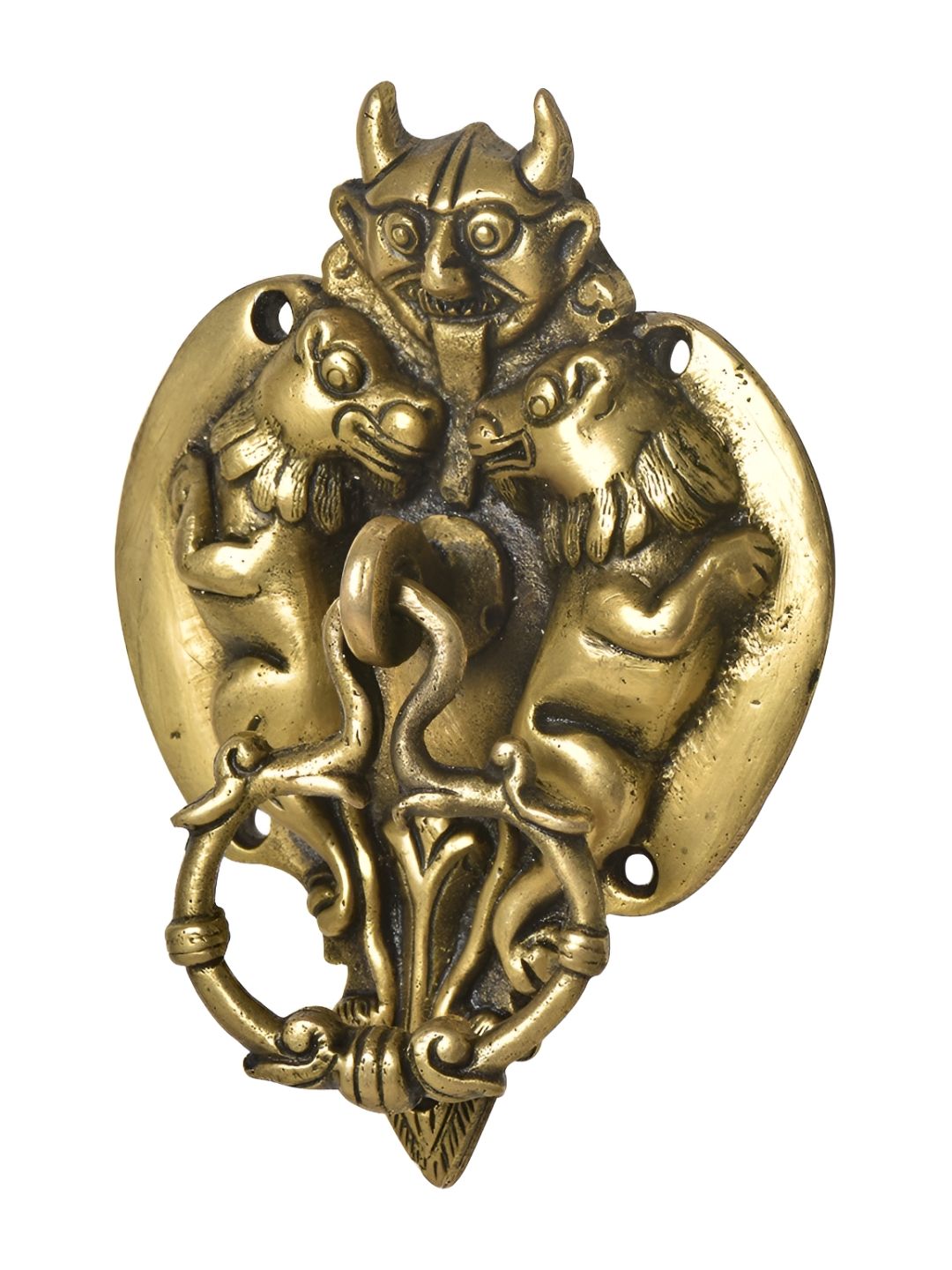 Indianshelf Gold-Toned Ram Head Demon Head With Lion Brass Door Knocker-image-19