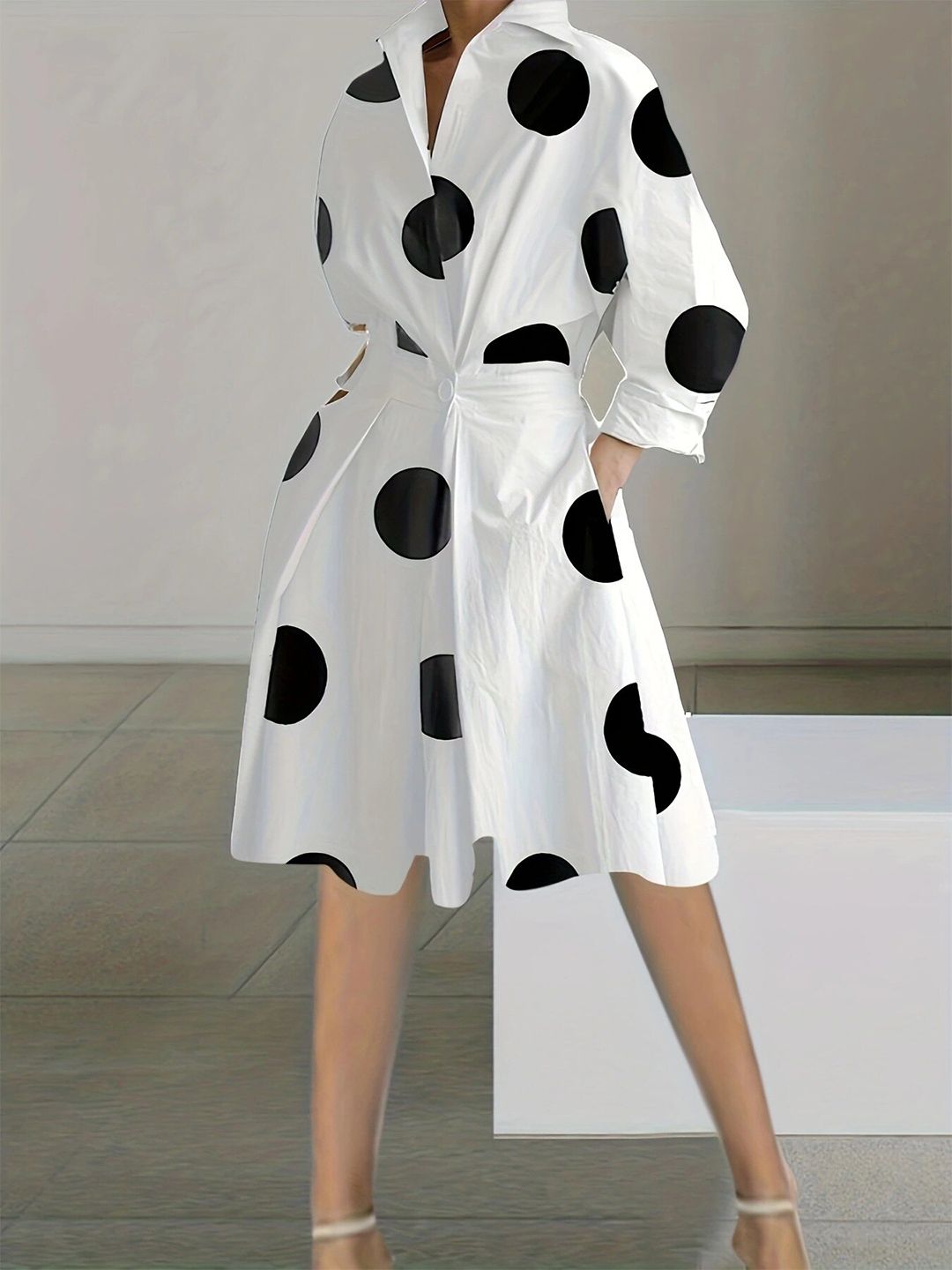 StyleCast White Polka Dot Shirt Collar Printed Fit & Flare Dress-picture-41