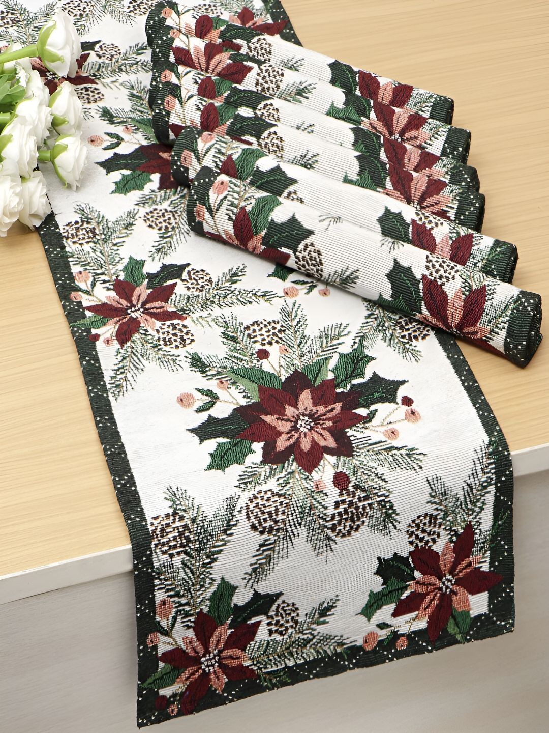 HOKIPO 7 Pieces Red & White Floral Pattern Cotton Table Placemats With Runner-image-20