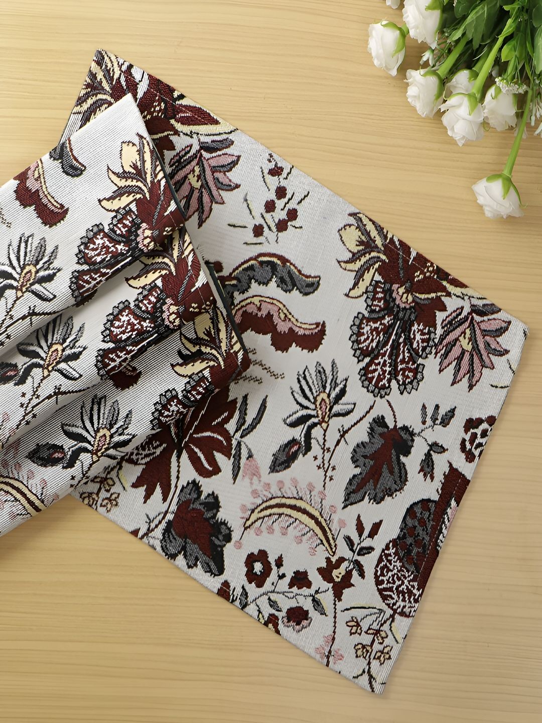 HOKIPO 4 Pieces Brown & White Floral Pattern Cotton Table Placemats-picture-30