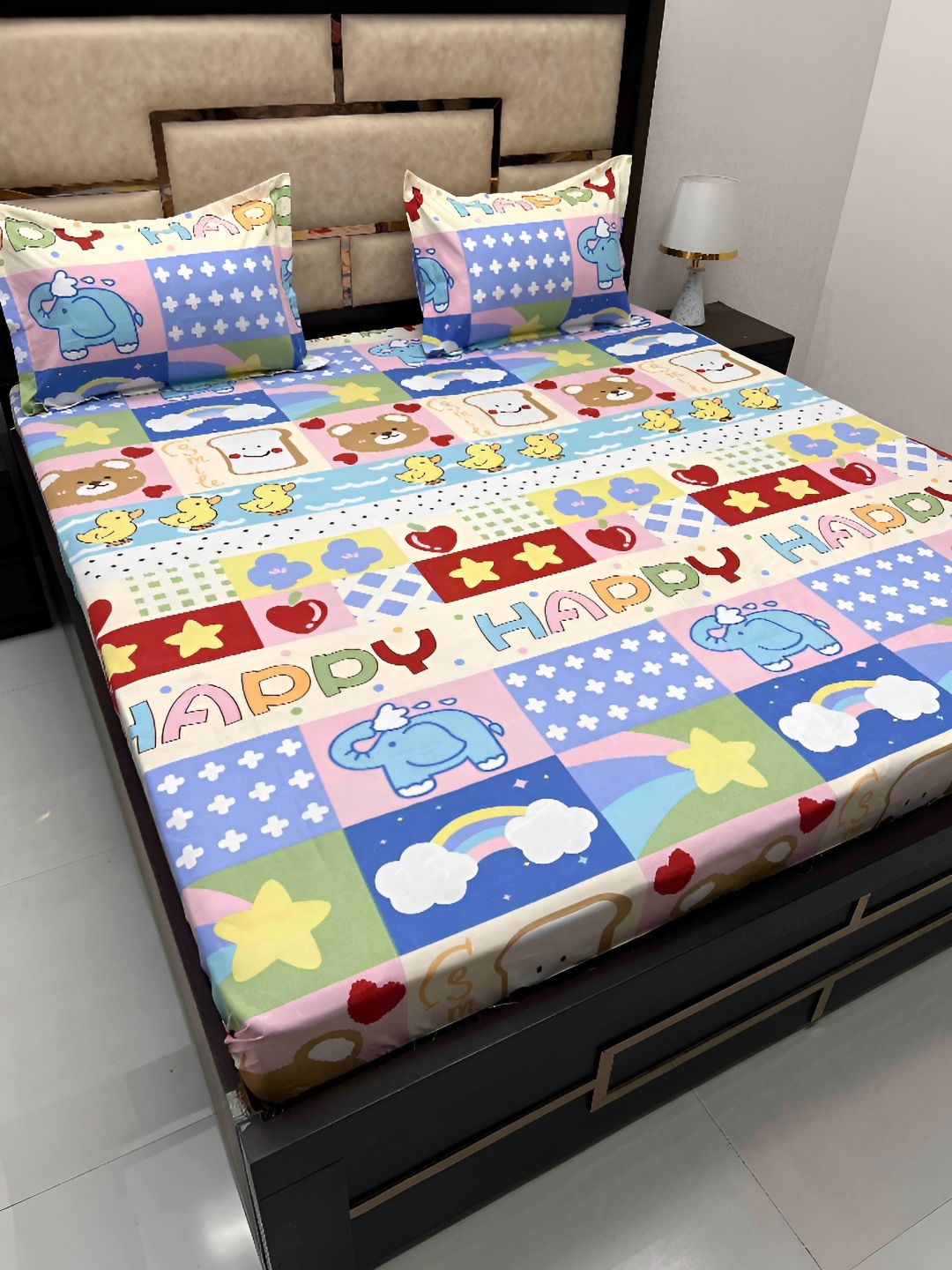 Pure Decor Cream & Blue Cartoon Characters Cotton  Queen Bedsheet with 2 Pillow Covers-picture-49