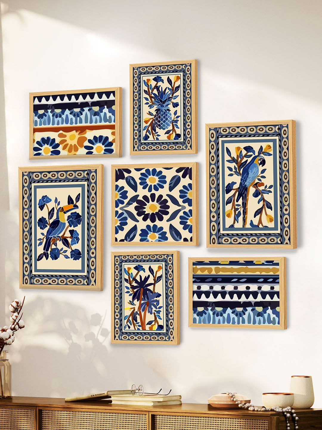 Art Street Peach-Coloured & Blue Set of 7 Wooden Blue Birds with Flower Wall Paintings