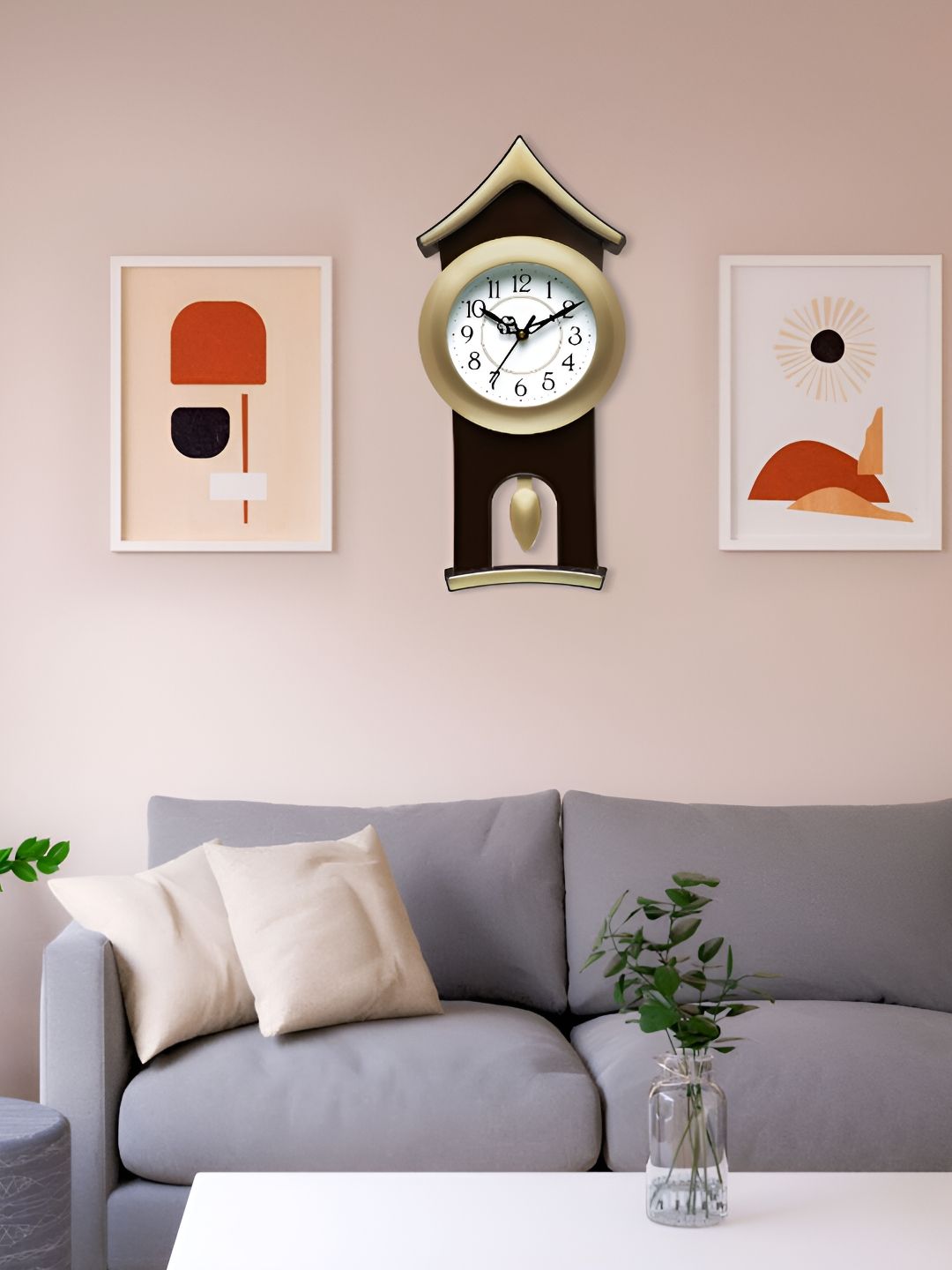 Attractionz Gold-Toned & White Textured Contemporary Round Shaped Pendulum Wall Clock-picture-14