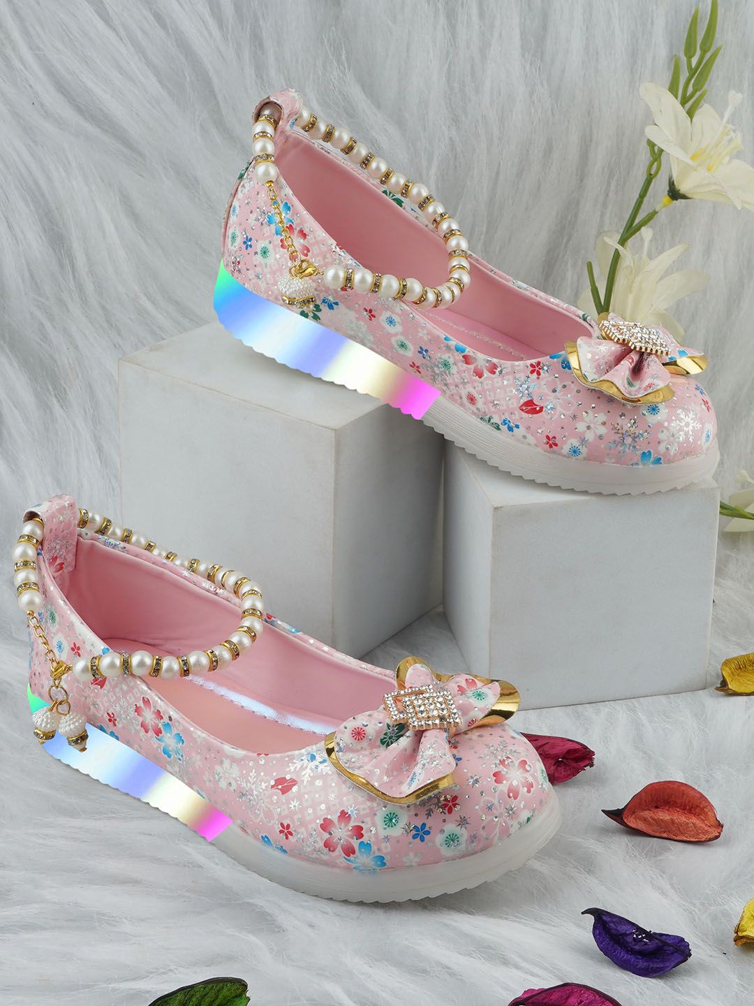 BAESD Girls Printed Bow Detailed LED Ballerinas